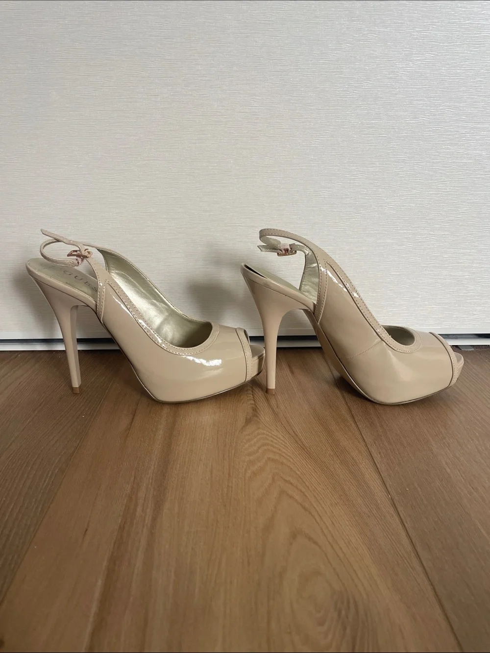 GUESS Beige Nude Peep-Toe Platform Slingback Heels